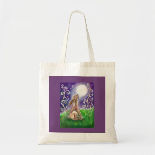 Moon gazing hare illustration purple background tote bag (Front)