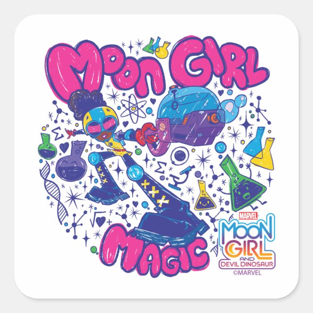 Moon Girl Magic Science Doodle Graphic Square Sticker (Front)