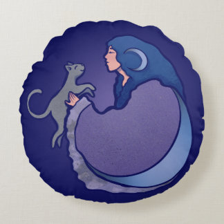Moon Goddess Cat Witch Round Pillow