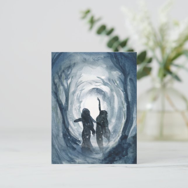 Moon goddess celebrate star forest blue watercolor postcard (Standing Front)