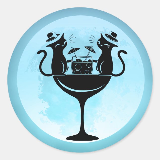 Moon Having Cocktails Party Cats Classic Round Sticker (Front)