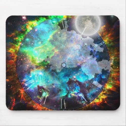 Moon in fantasy space with clock face mouse pad