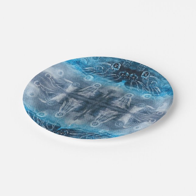 Moon jellyfish batik print paper plates (Angled)