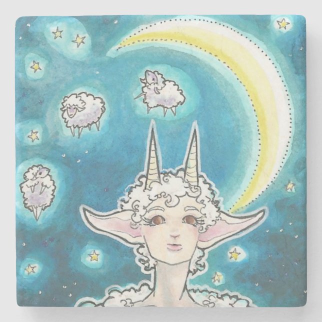 Moon Jumpers Sheep Nymph Fantasy Art Stone Coaster (Front)