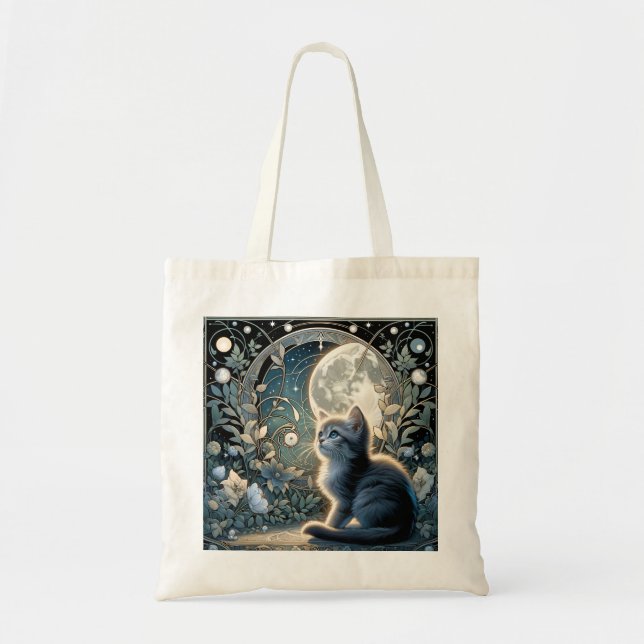 Moon Kitten Blue Night Art Nouveau Tote Bag (Front)
