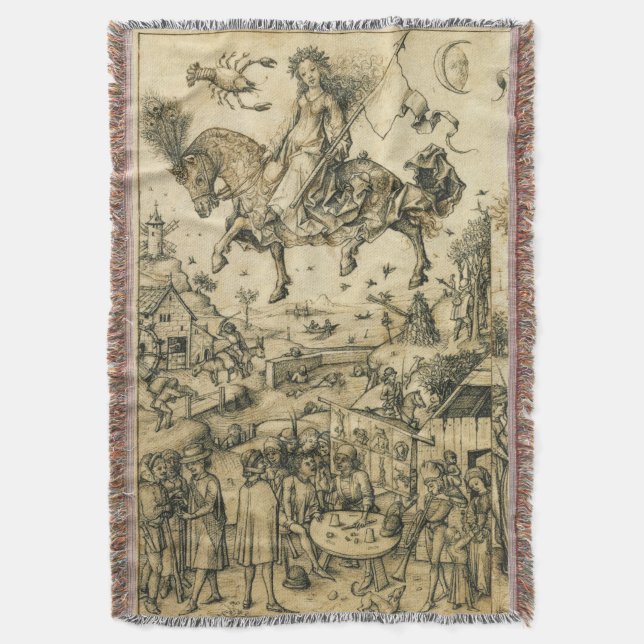 MOON LADY Antique Black White Astrology Drawing Throw Blanket (Front Vertical)