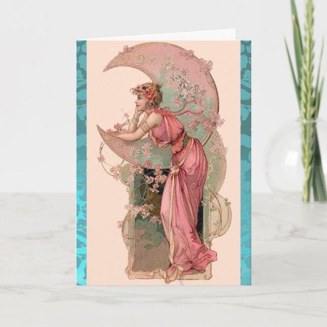 MOON LADY,FLOWERS  AND ROSES,PINK BLUE DAMASK CARD (Front)