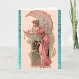 MOON LADY,FLOWERS AND ROSES,PINK BLUE DAMASK CARD