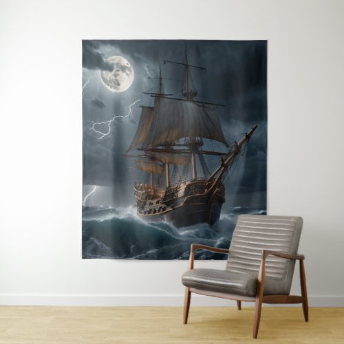 Moon lit Pirate Ship in a Lightning Storm Tapestry