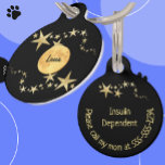 Moon Luna Gold Stars Personalized Pet ID Tag<br><div class="desc">Black & Gold Moon Luna and Stars Personalized Pet ID Tag features a golden full moon/luna and gold stars against a black night sky. Personalize it with your pet's name, your contact information, and special instructions if needed. This pet ID tag will help ensure your cat, a dog, or other...</div>