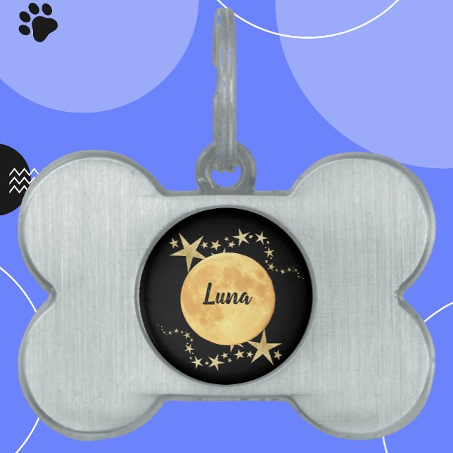 Moon Luna Gold Stars Personalized Pet ID Tag (Creator Uploaded)