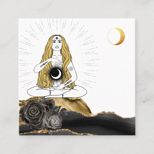  Moon Luna Rose Goddess Black Gold Yoga  Square Business Card