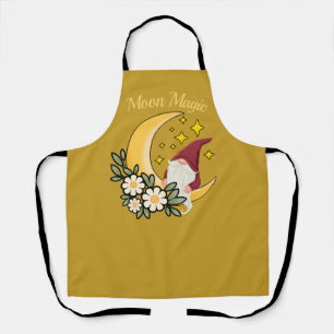 Moon Magic Cute Gnome on Crescent Moon Floral Apron