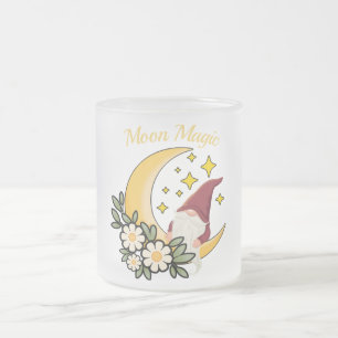Moon Magic Cute Gnome on Crescent Moon Floral Frosted Glass Coffee Mug