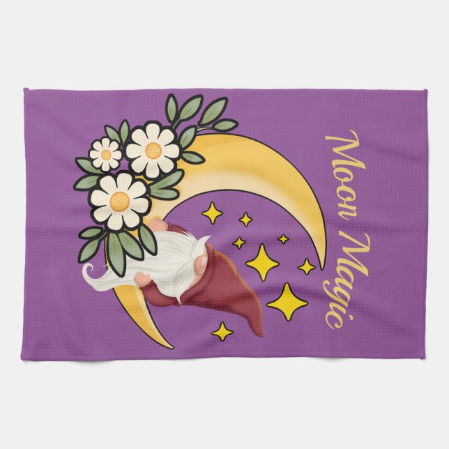 Moon Magic Cute Gnome on Crescent Moon Floral  Kitchen Towel (Horizontal)