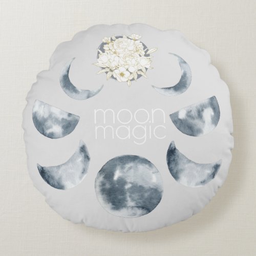 Moon Magic Moon Phase  Floral Pattern Round Pillow