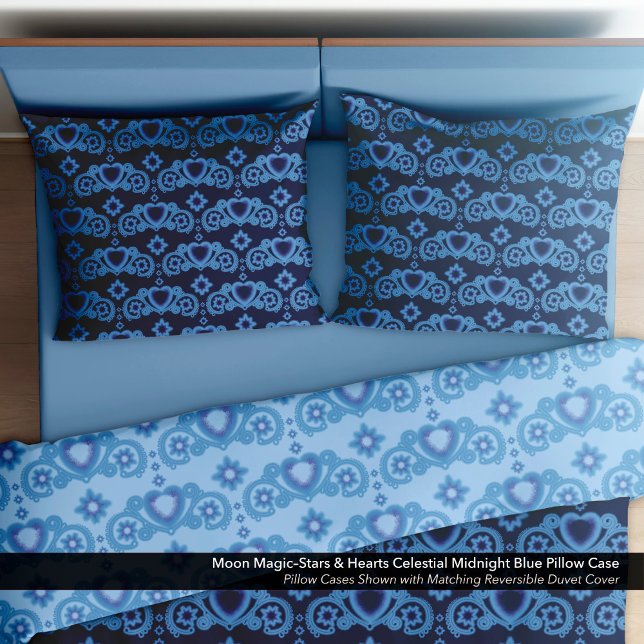 Moon Magic Stars Hearts Celestial Midnight Blue Pillow Case (Moon Magic–Stars & Hearts Midnight Blue Pillow Case–Shown with the Matching Reversible Duvet Cover.)