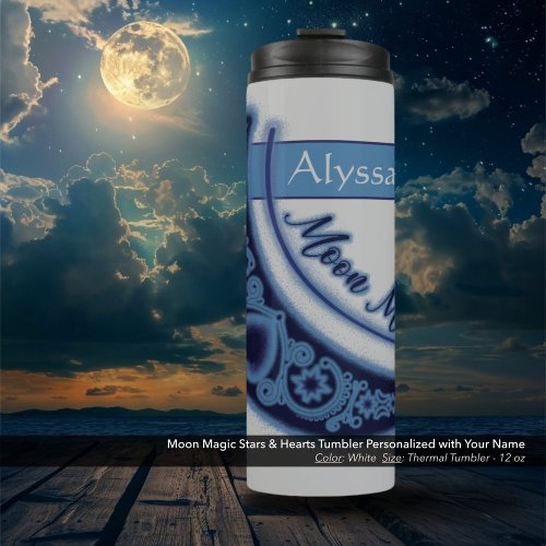 Moon Magic Stars Hearts Celestial Name White Thermal Tumbler