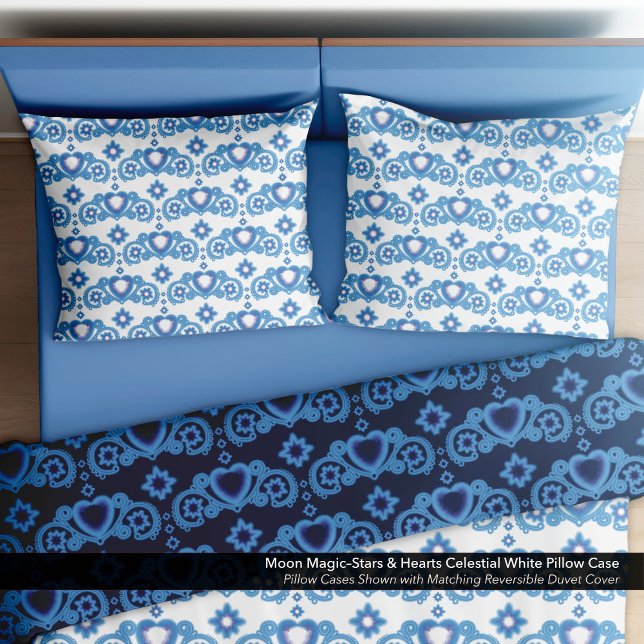 Moon Magic Stars Hearts Celestial White Pillow Case (Moon Magic–Stars & Hearts White Pillow Case–Shown with the Matching Reversible Duvet Cover.)