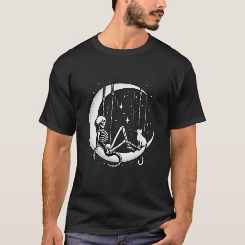 Moon Merger Skeleton and cat on the crescent moon T_Shirt