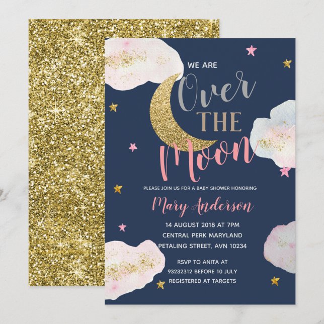 Moon Navy Blue and Gold Baby Shower Invitation (Front/Back)