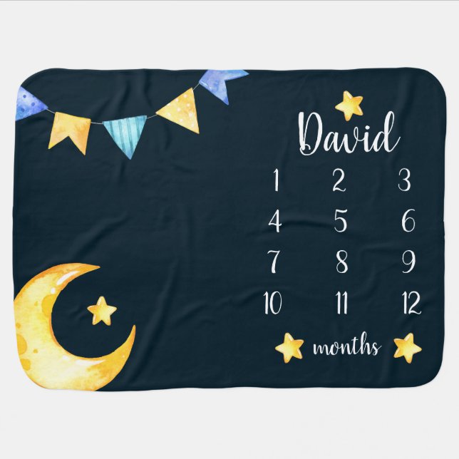 Moon Navy Blue Boy Monthly Milestone Baby Blanket (Horizontal)
