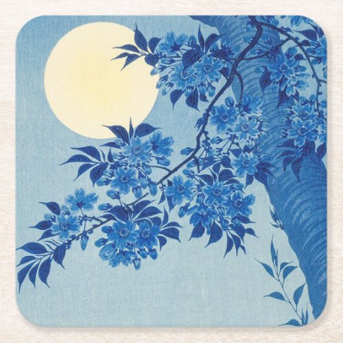 Moon Night Evening Tree Blue Moonlit Square Paper Coaster