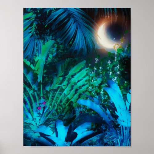 Moon Night Tropical Jungle Leaves Silver Blue Poster