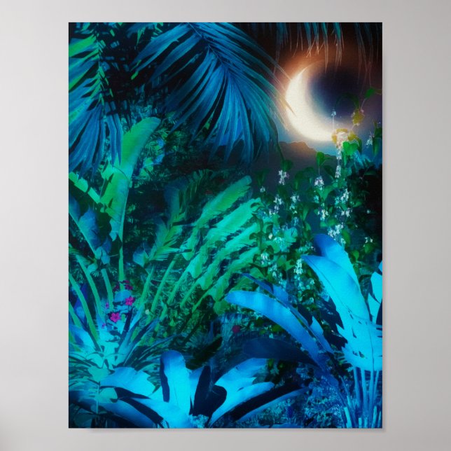 Moon Night Tropical Jungle Leaves Silver Blue Poster (Front)