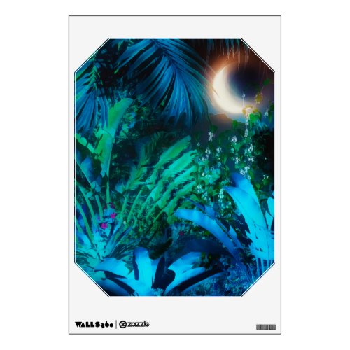 Moon Night Tropical Jungle Leaves Silver Blue Wall Decal