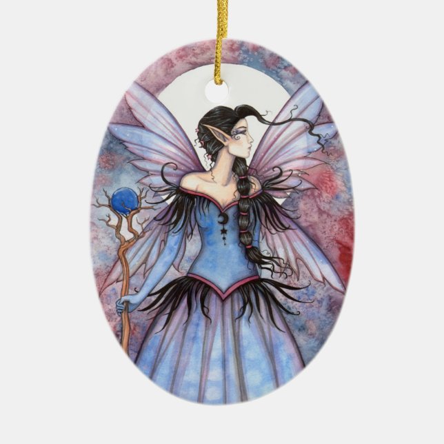 Moon of Winter Fairy Fantasy Art Ceramic Ornament (Front)