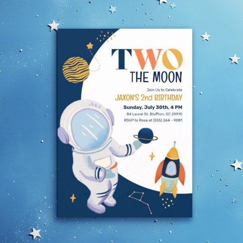 Moon Outer Space Kids 2nd Birthday Party Invites