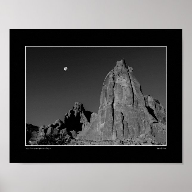 Moon Over Arches Spire Monochrome Poster (Front)