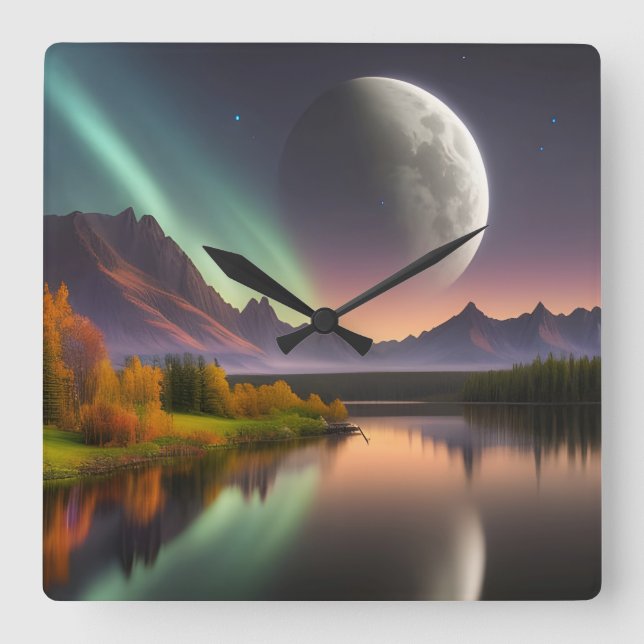 Moon over Mountain Landscape Square Wall Clock (Front)