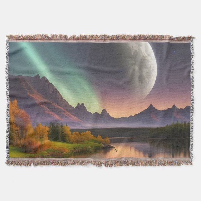 Moon over Mountain Landscape Throw Blanket (Front)