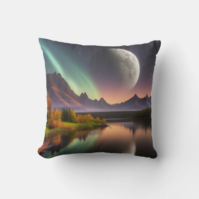 Moon over Mountain Landscape Throw Pillow (Front)