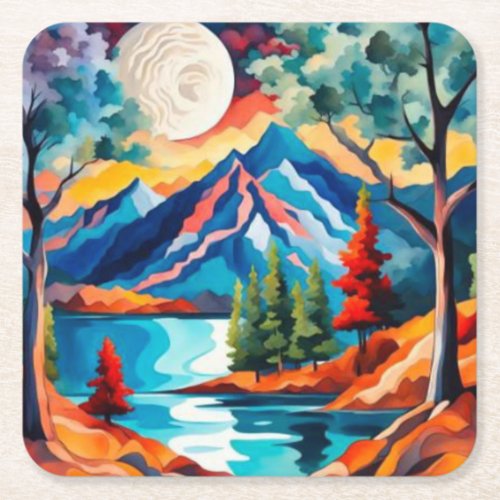 Moon over mountainscape square paper coaster