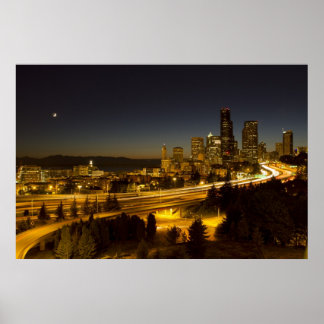 Moon Over Seattle Downtown Skyline Poster