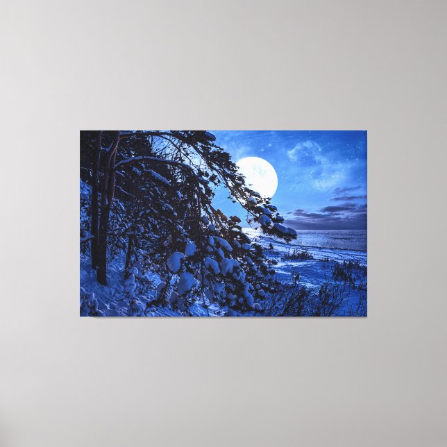 Moon over snowy fir tree and sea coast at night canvas print (Front)
