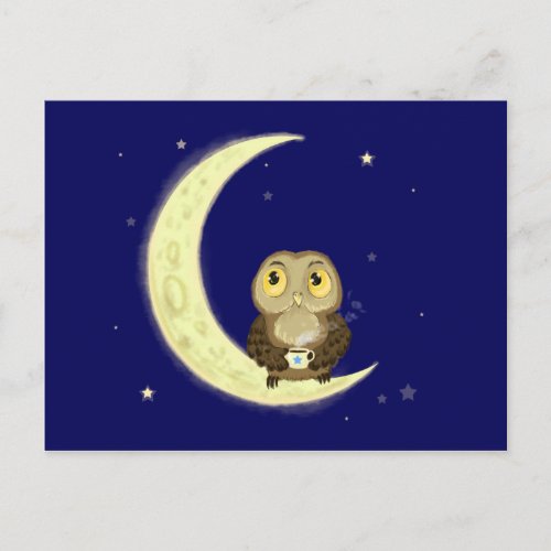 Moon owl midnight coffee postcard