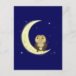 Moon owl midnight coffee postcard