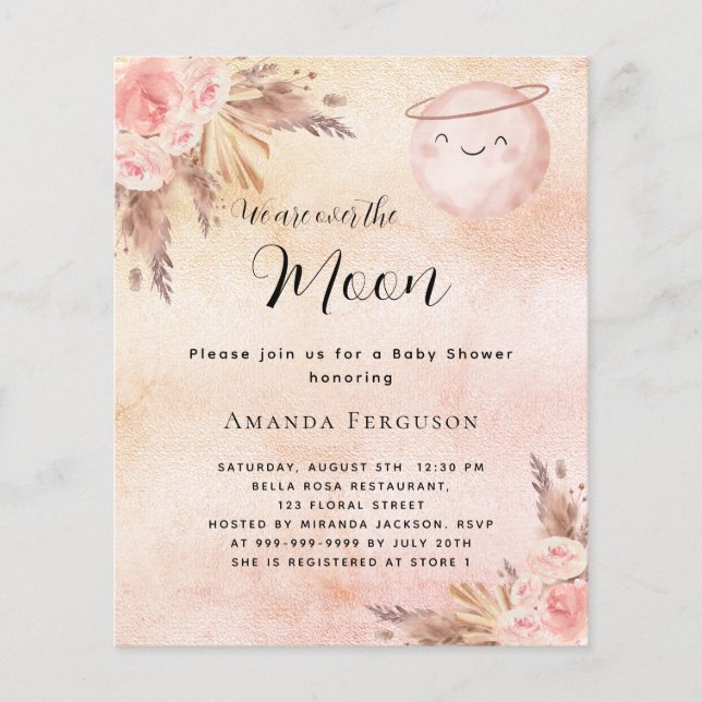 Moon pampas blush budget baby shower invitation (Front)
