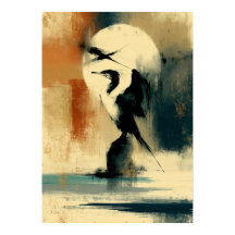 Moon Perikan Japanese Sumi-E Abstract Pelican Wall
