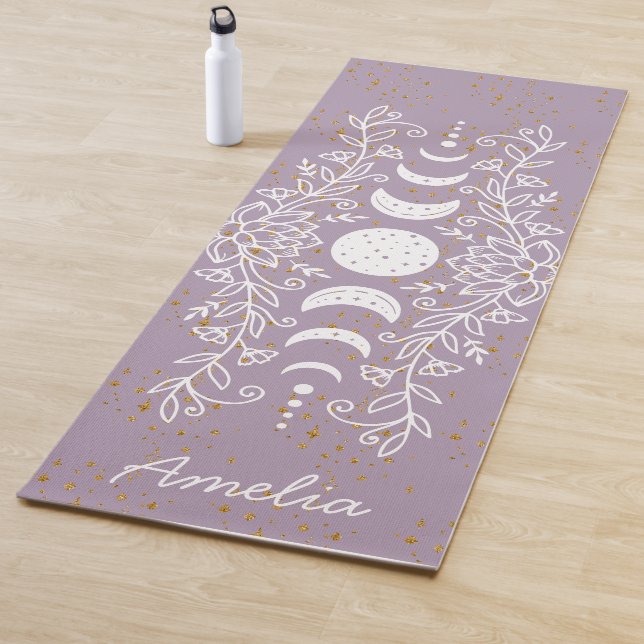 Moon Phase Celestial Stars Lotus Line Drawing Yoga Mat (In Situ)