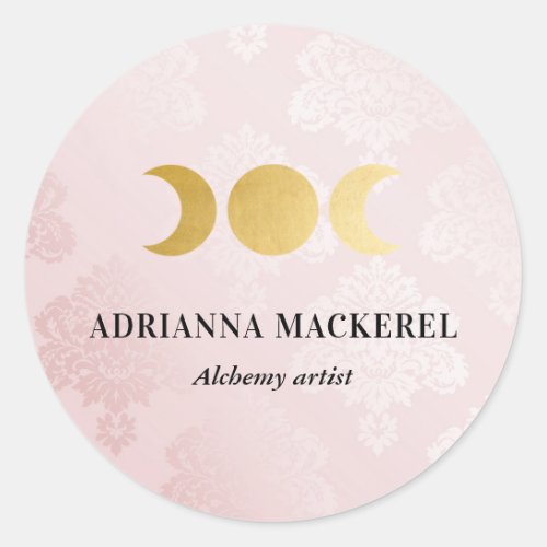 Moon Phase Faux Gold Foil Modern Blush Pink Damask Classic Round Sticker