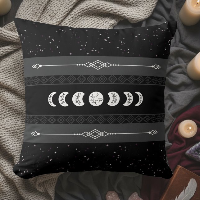 Moon Phase Lunar Cycle Black Night Celestial Throw Pillow (Embrace the cosmic rhythm with this captivating Moon Phase Celestial Throw Pillow)