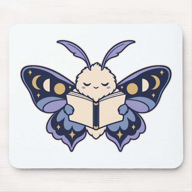 Moon Phase Moth Reading Book Mousepad (Front)