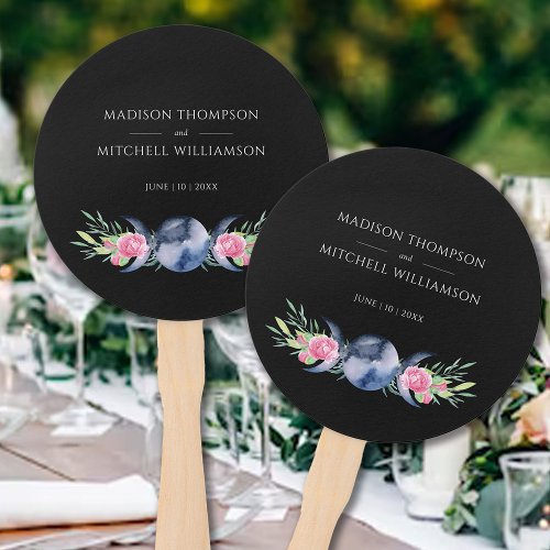 Moon Phase Pink Roses Floral Metaphysical Wedding Hand Fan