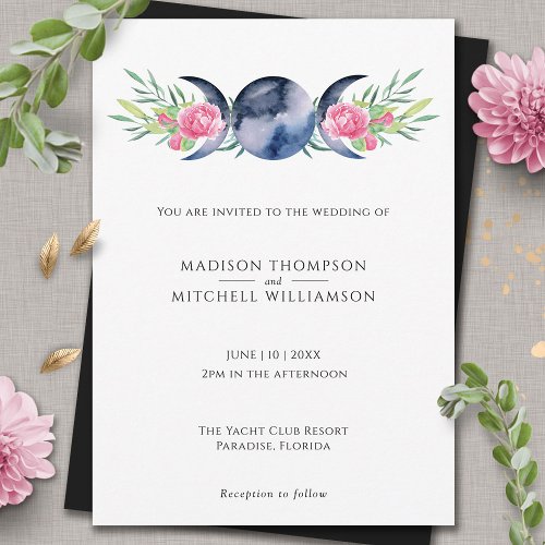 Moon Phase Pink Roses Floral Metaphysical Wedding Invitation