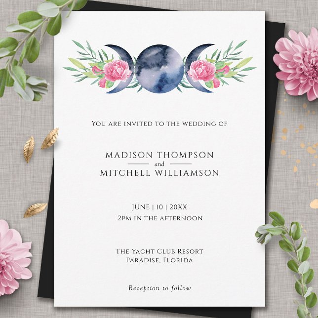 Moon Phase Pink Roses Floral Metaphysical Wedding Invitation (Creator Uploaded)